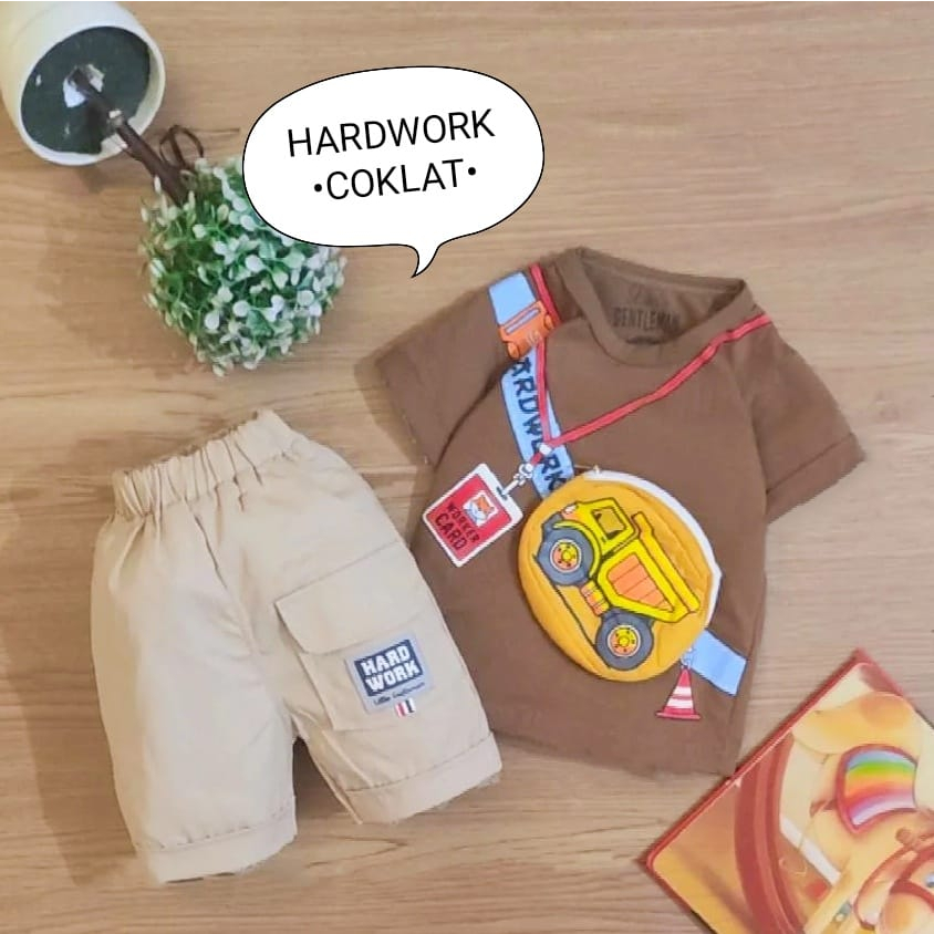 Setelan Baju Bayi Laki-laki Atasan Dan Celana Motif Hardwork Estimasi Usia 0 - 6 Bulan