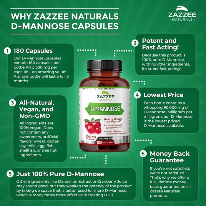 Zazzee Natural D-Mannose 1000 mg 180 VCaps Healthy Urinary Tract UTI