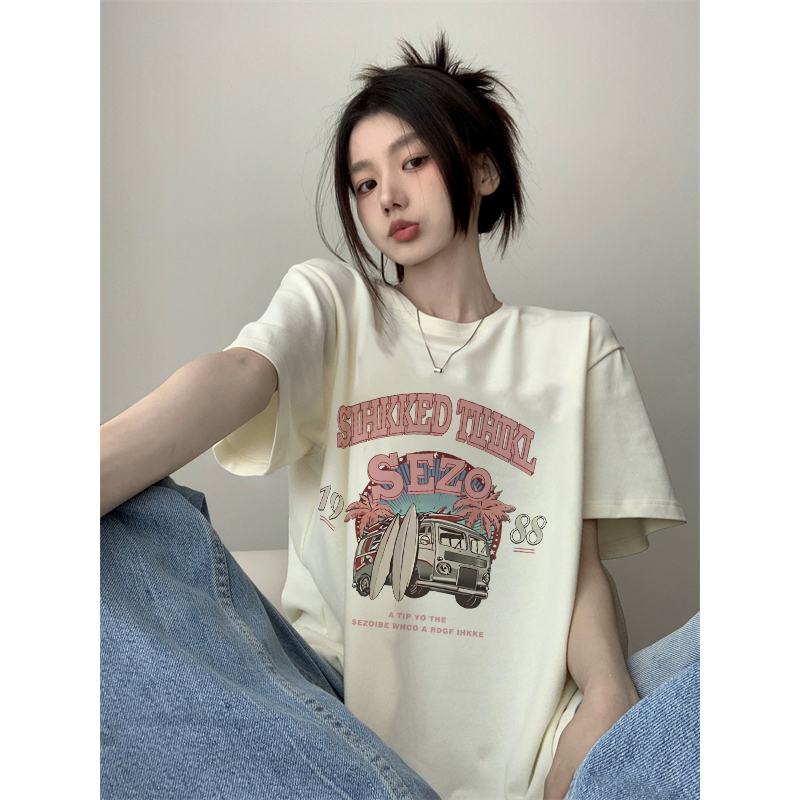 baju warna putih atasan wanita lengan pendek korean style letter car graffiti print T-shirt import oversize kekinian kaos cream