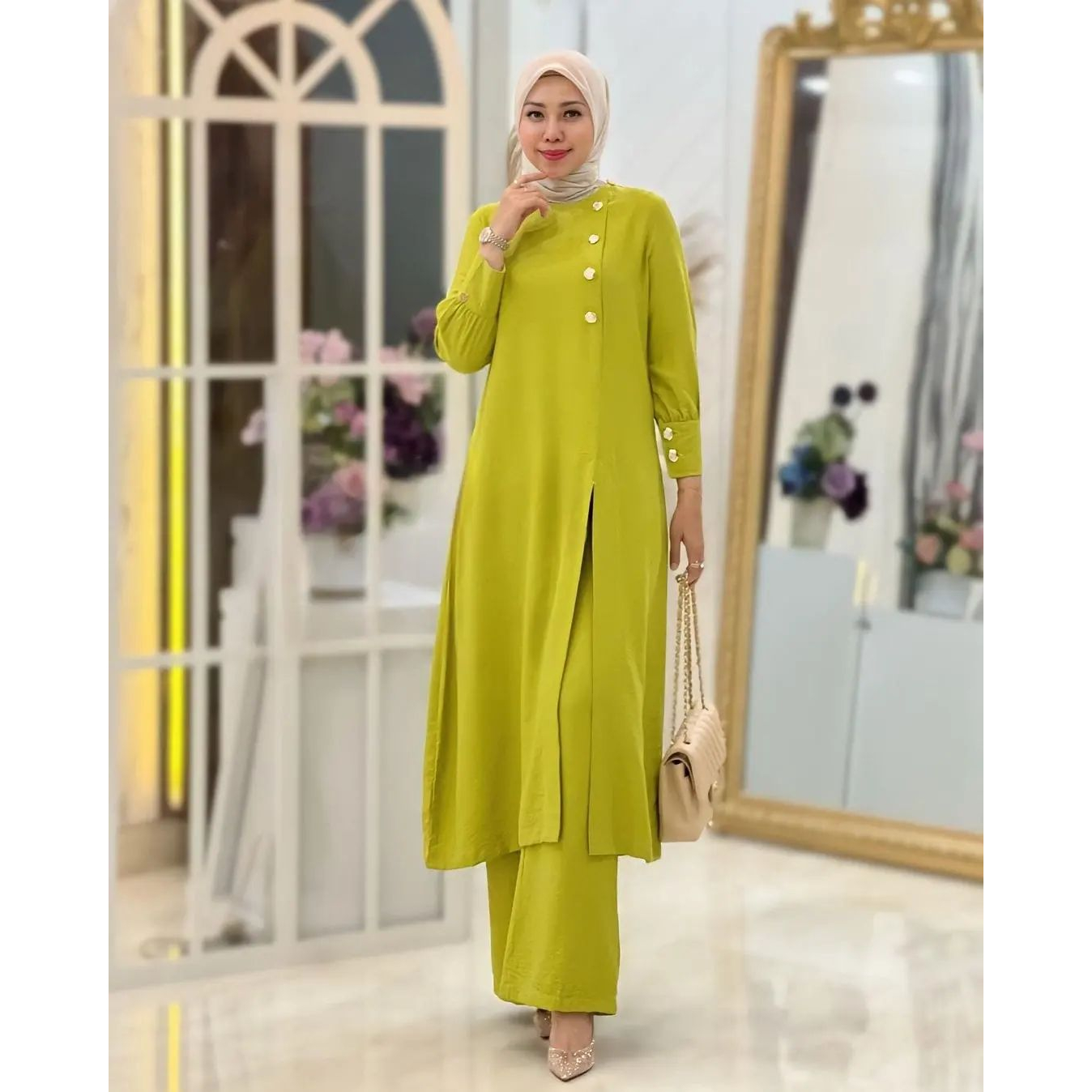 Adeline set - One Set Baju Resmi Kondangan Simple Lengan Balon / Stelan Celana Kondangan Kekinian / Kondangan Outfit Wanita / Baju Kondangan / Stelan Kondangan Wanita kekinian