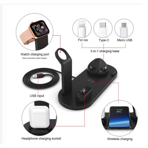 Pengisi Daya Nirkabel 4 in 1 Untuk Ponsel Pengisian Dock Station Kompatibel Watch Charger Micro USB Type-C