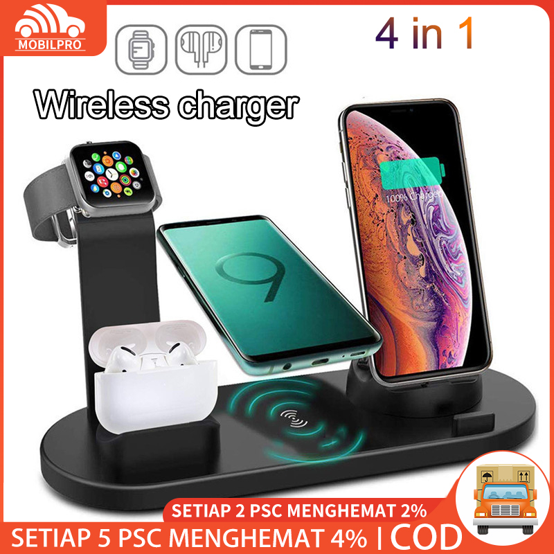 Pengisi Daya Nirkabel 4 in 1 Untuk Ponsel Pengisian Dock Station Kompatibel Watch Charger Micro USB Type-C