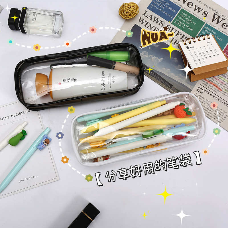 (CLASHOP)Tepak Pensil Transparan Estetik Aesthetic Lucu / Kotak PVC Plastik Pencil Case Minimalist Black White Minimalis