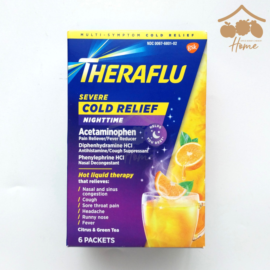 Theraflu Nighttime Daytime Severe Cold & Cough Relief Honey Lemon Tea 6 Packet Berry burs combo