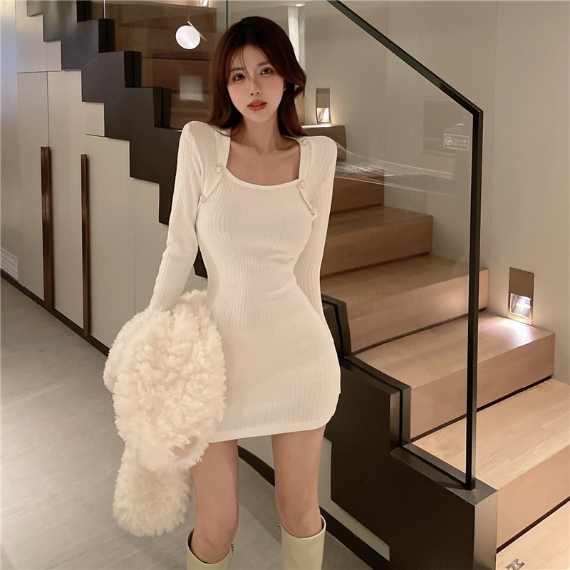 【Elegant】Long Sleeve Square Neck Plain Ribbed Mini Knit Dress 2142