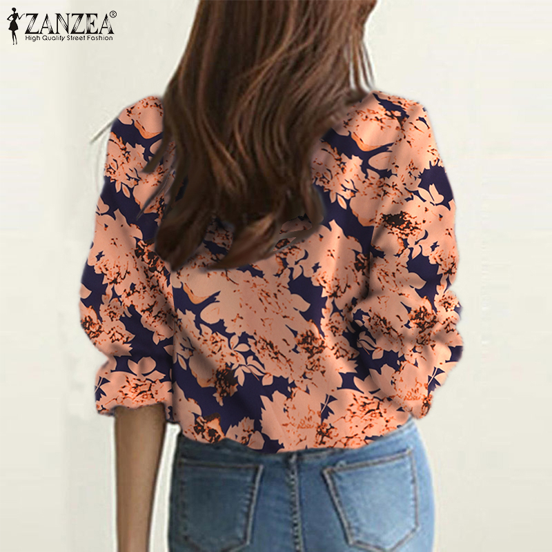 ZANZEA Women Korea Holiday Daily Floral Print Lotus Leaf 3/4  Sleeve Round Neck Blouse