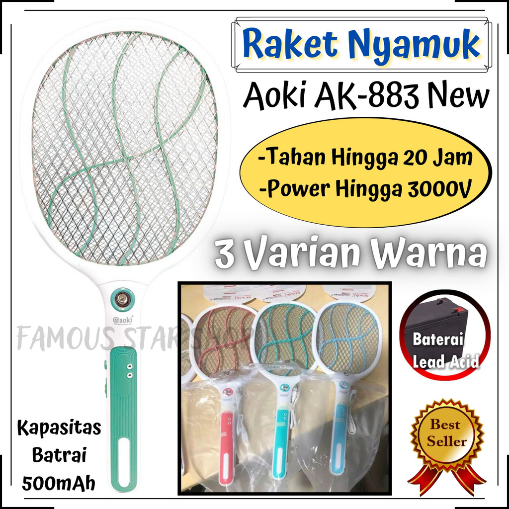 Pemukul Nyamuk Elektrik Raket Nyamuk AOKI AK-883 NEW | Pembasmi Nyamuk Aoki Star Rechargeable Terbaru Baterai Cas AK 883 NEW + Senter Led | Raket Bunuh Nyamuk Penyebab Demam Berdarah | FMS