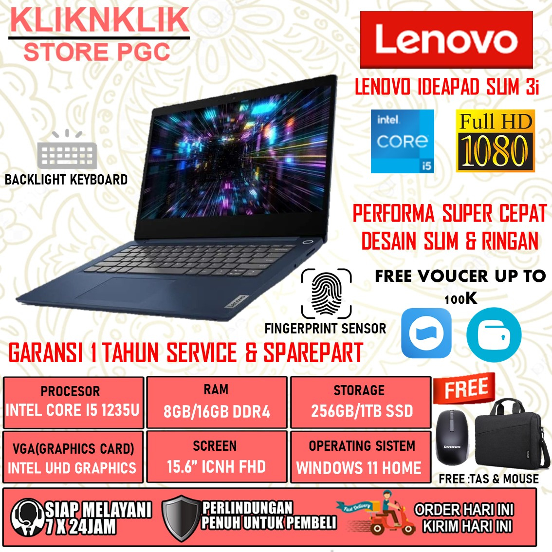 LENOVO IDEAPAD SLIM 3i CORE I5 1235U RAM 16GB 512GB SSD FULL HD BACKLIT KEYBOARD WINDOWS 11 HOME