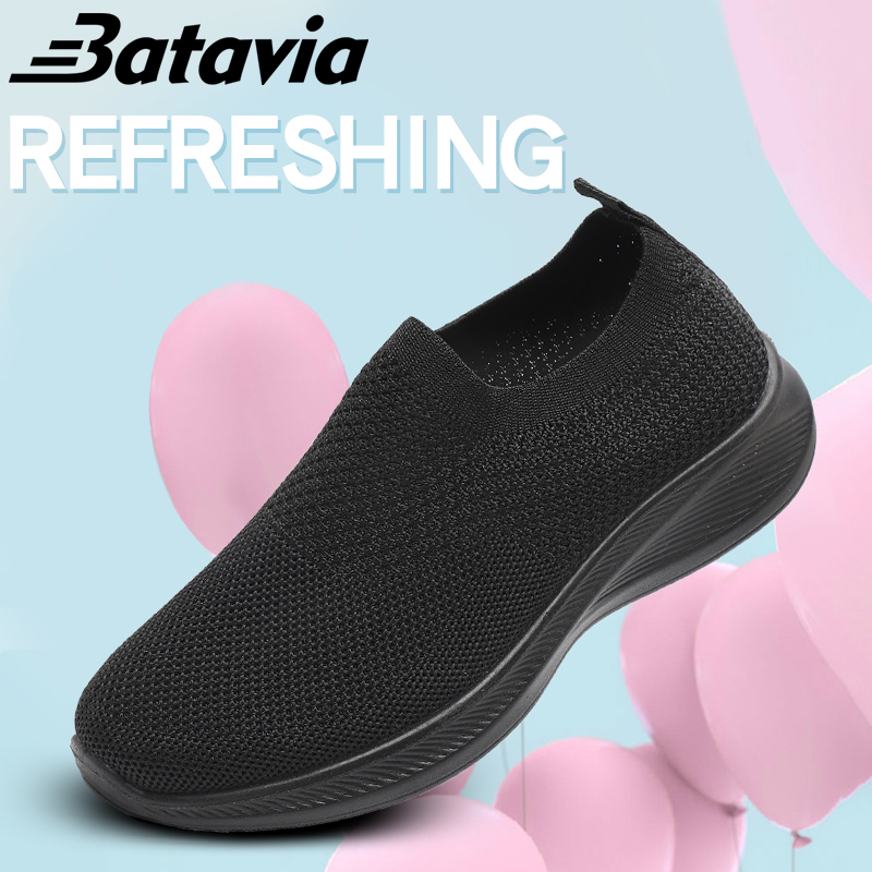 Batavia Sepatu 2023 impor fashion wanita sepatu anyaman terbang bernapas sepatu olahraga kasual wanita semua hitam sepatu sekolah ringan tahan aus nyaman sepatu wanita J1