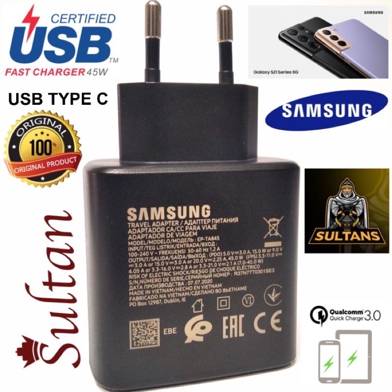 BATOK CHARGER SAMSUNG 45W SUPER FAST CHARGING USB TYPE C S21 S22 ULTRA 5G NOTE 20 PLUS BY SMOLL