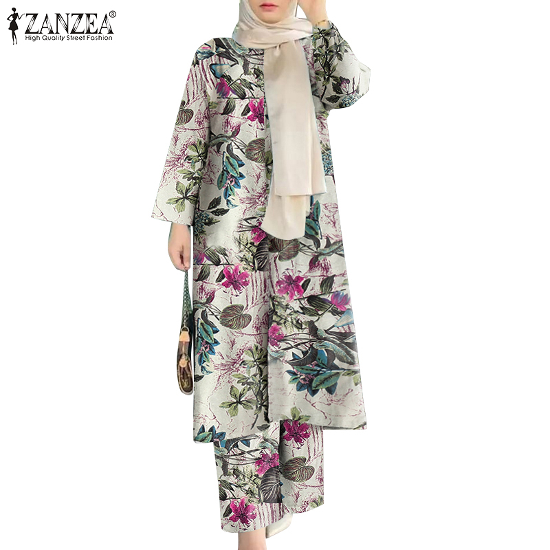 ZANZEA Women Muslim Print Side Slit Long Top + Elastic Waist With Pocket Wide Leg Pants Set