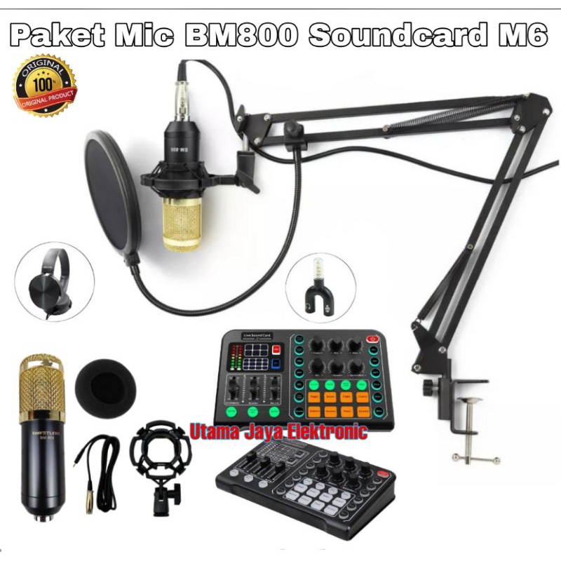 Paket Mic BM800 Soundcard M6 Stand Arm Pop Filter