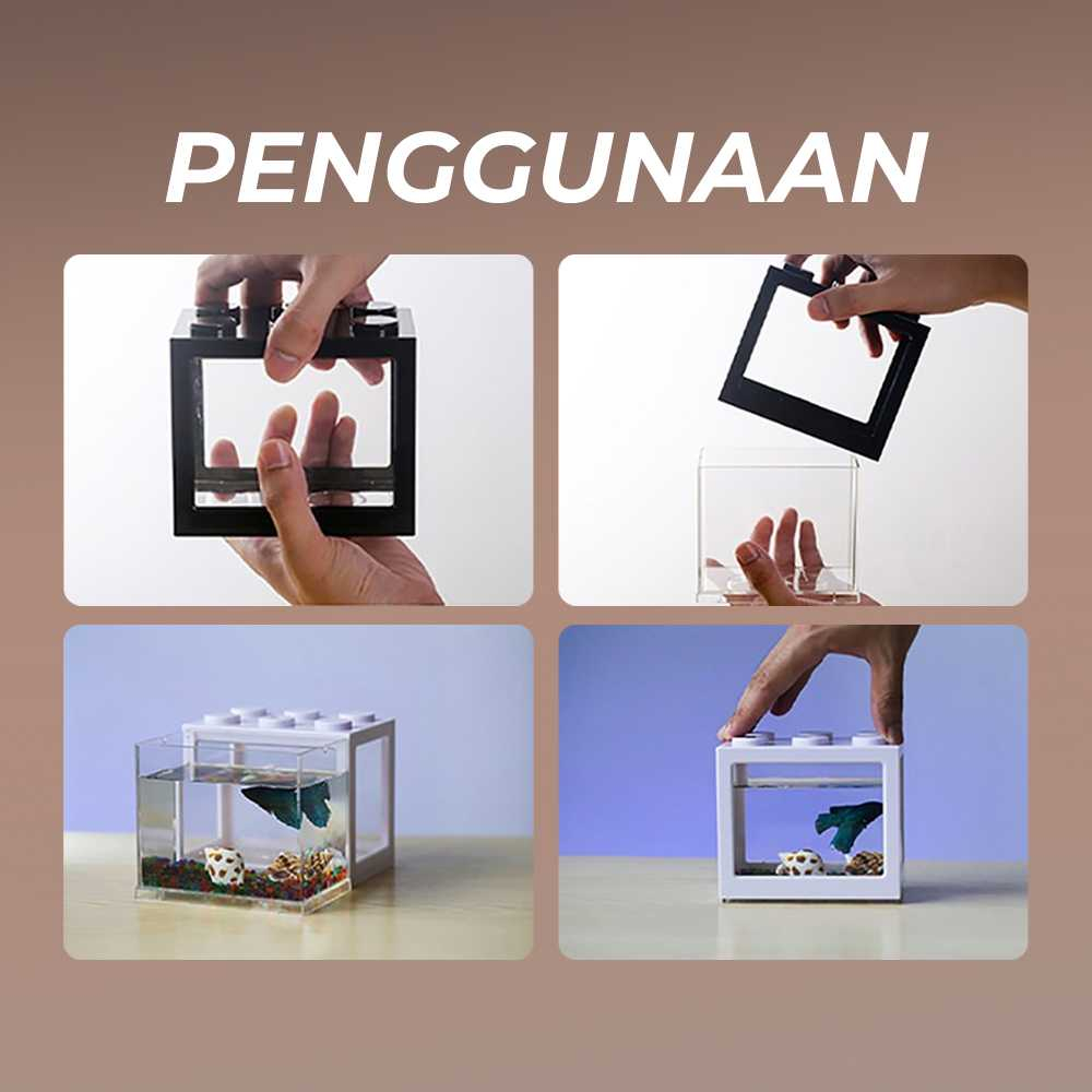 Aquarium Mini Lego Block 4 Windows 12x8x10cm White LED Akuarium Kecil Desain Unik LED Berkualitas