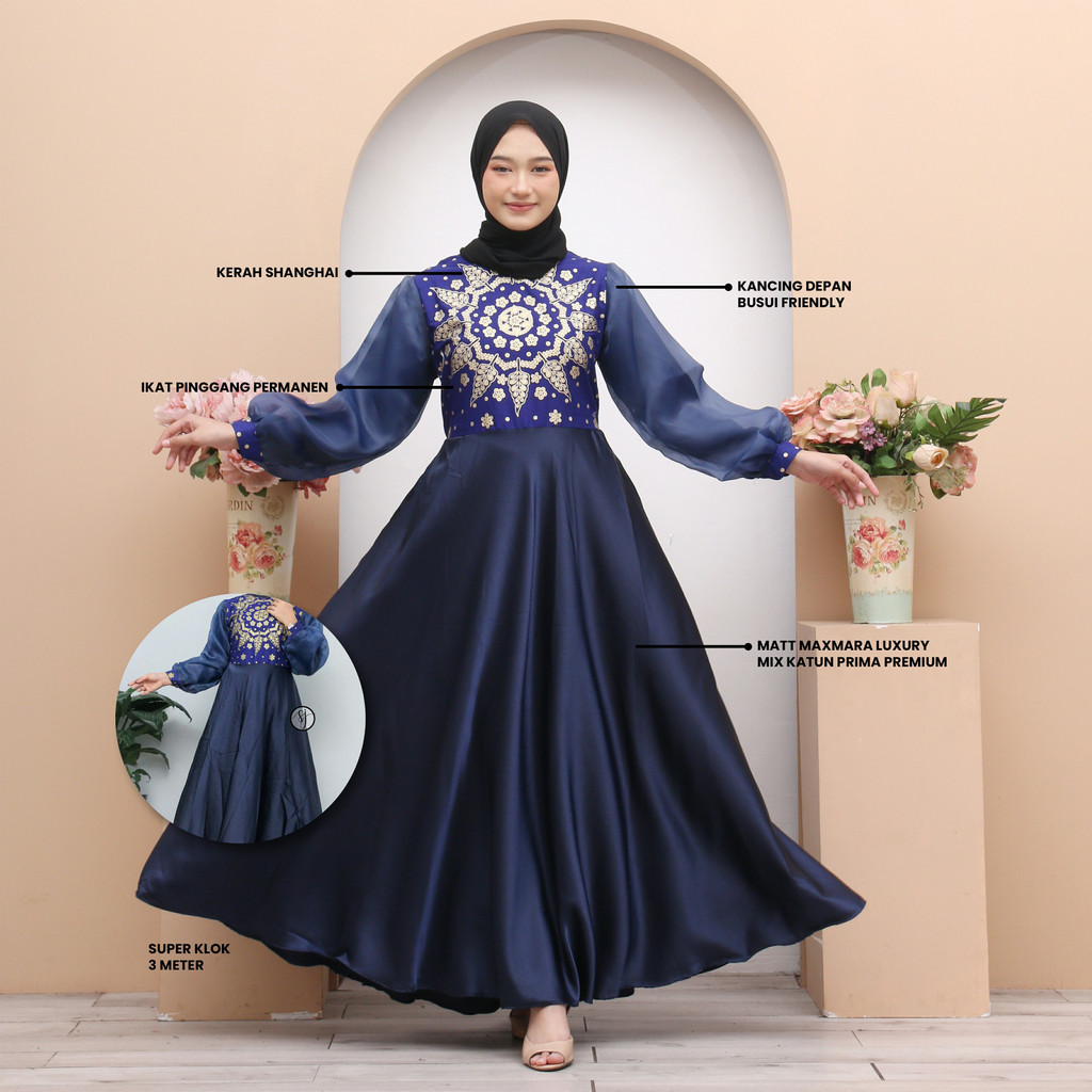 Saroja | Couple Gamis Syar'i Maxmara Lux Motif Prada Matahari Navy