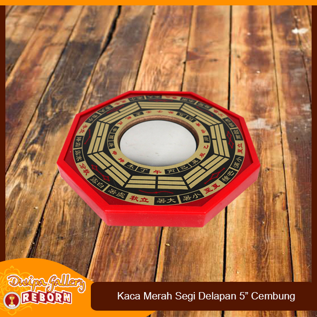 Kaca Cermin Cekung Fengshui Pat Kua Pakua /Ba Gua Segi Delapan Red 5&quot;