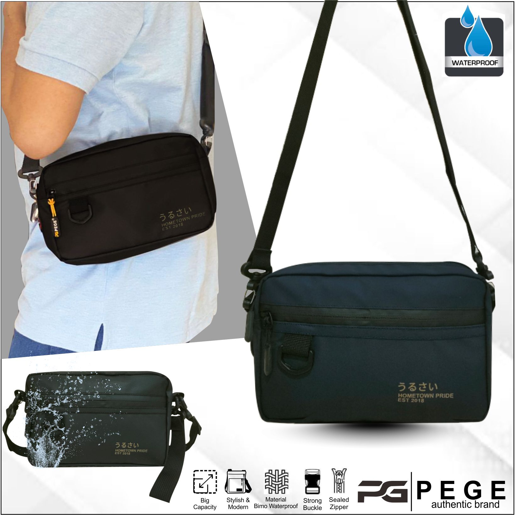 Tas Selempang PEGE Javer Model 2in1 Bahan Bimo Waterproof Anti Air Bisa Slingbag dan Pouch - PG 8962