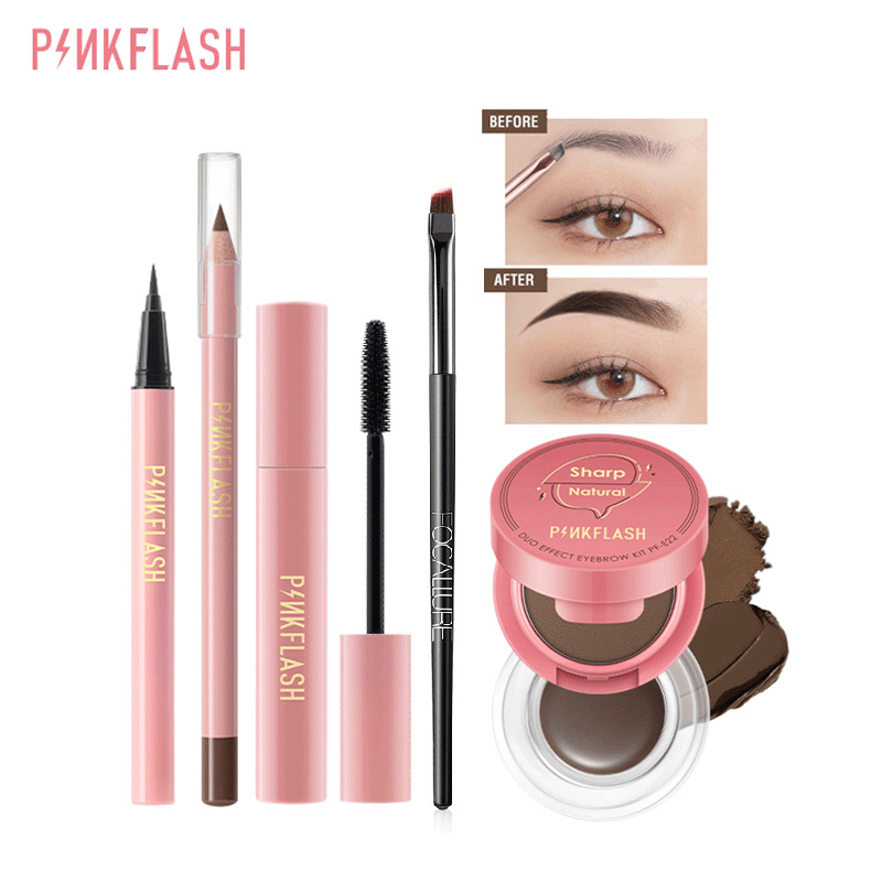 PINKFLASH 5PCS Cosmetics Eye Makeup Set 2 in 1 Eyrbrow Gel Eyeliner Eyebrow Pencil Mascara Black Daily Use Waterproof Cruelty-Free