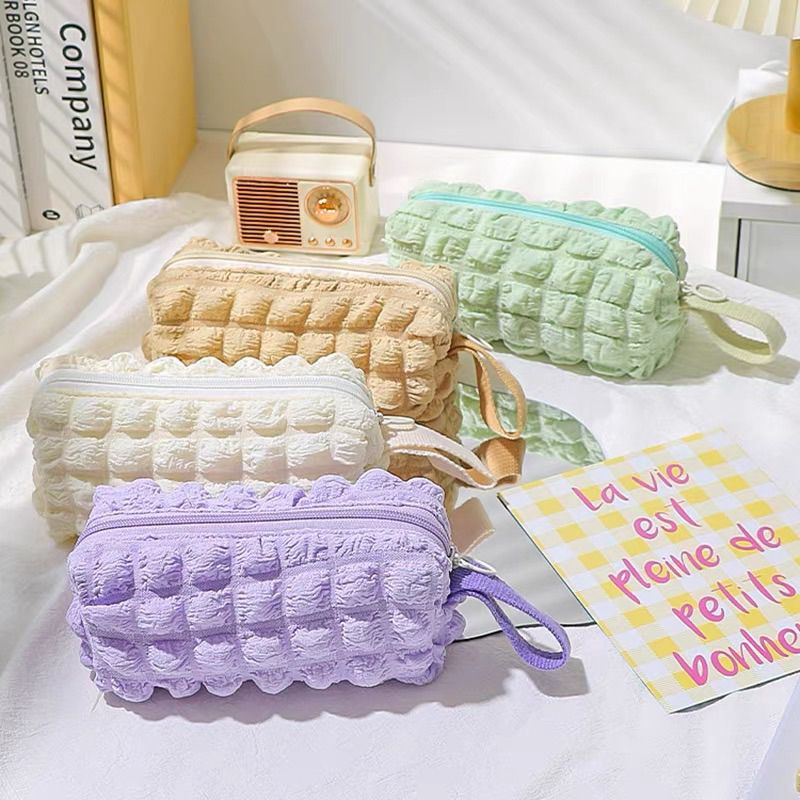 LITTLE DAISY | Crumpled Grid Pencil Case /Tempat Pensil Empuk Lembut / Korean Pencil Case Import / Tempat Pensil Aesthetic Korean Style