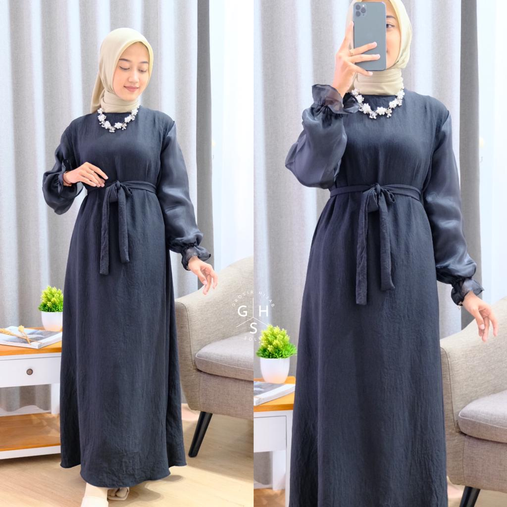 ABELIA GAMIS MAXI TALI KOMBINASI ORGANZA  DRESS WANITA CRINCLE AIRFLOW PREMIUM (DBY)