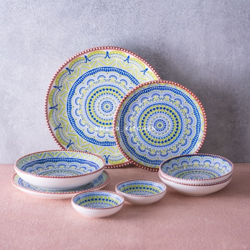 SALE HIGh QUALITY Piring keramik tebal set 12 pcs abstrak hijau / Piring mangkok korea