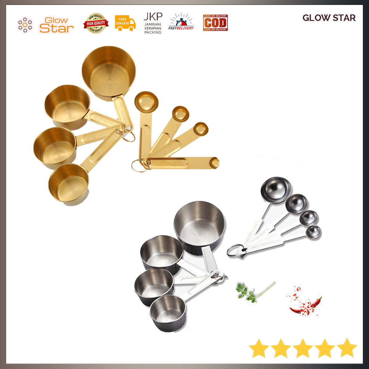 HOOMIN Sendok Takar Ukur Cup Stainless Steel / titanium Measuring Spoon 8 PCS - 16780 - Silver gold emas penakar takaran sendok teh , makan spoon