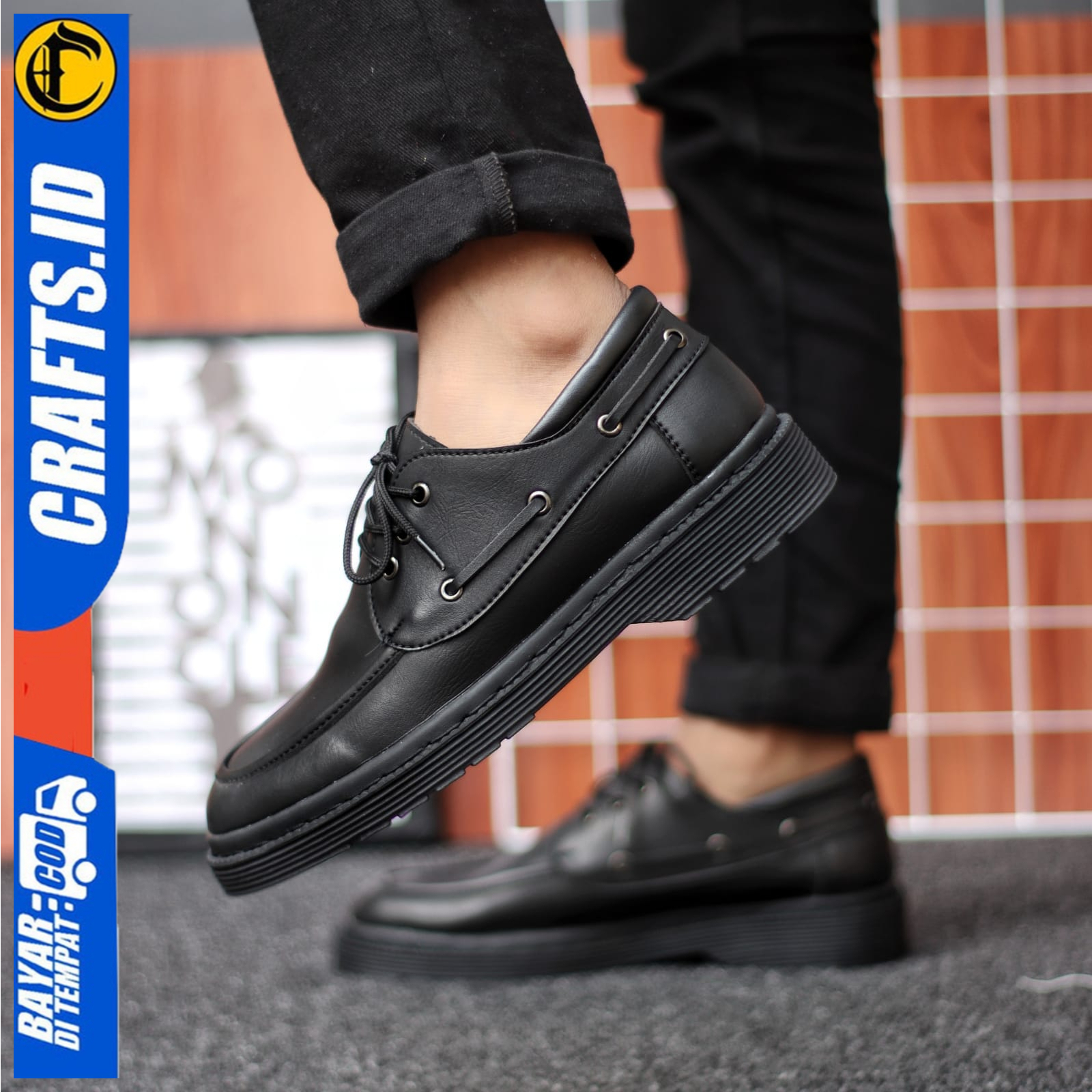 Sepatu Formal Pantofel Docmart Boots Kerja Pria Hitam kulit PU Crafs Eida