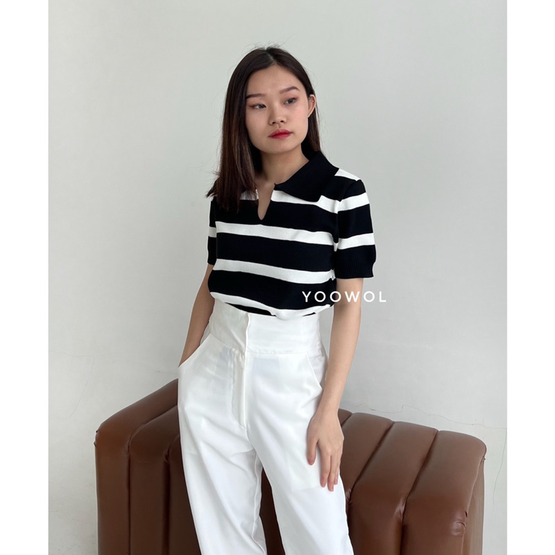 Isla Top/Atasan Stripes Knit Lengan Pendek Wanita