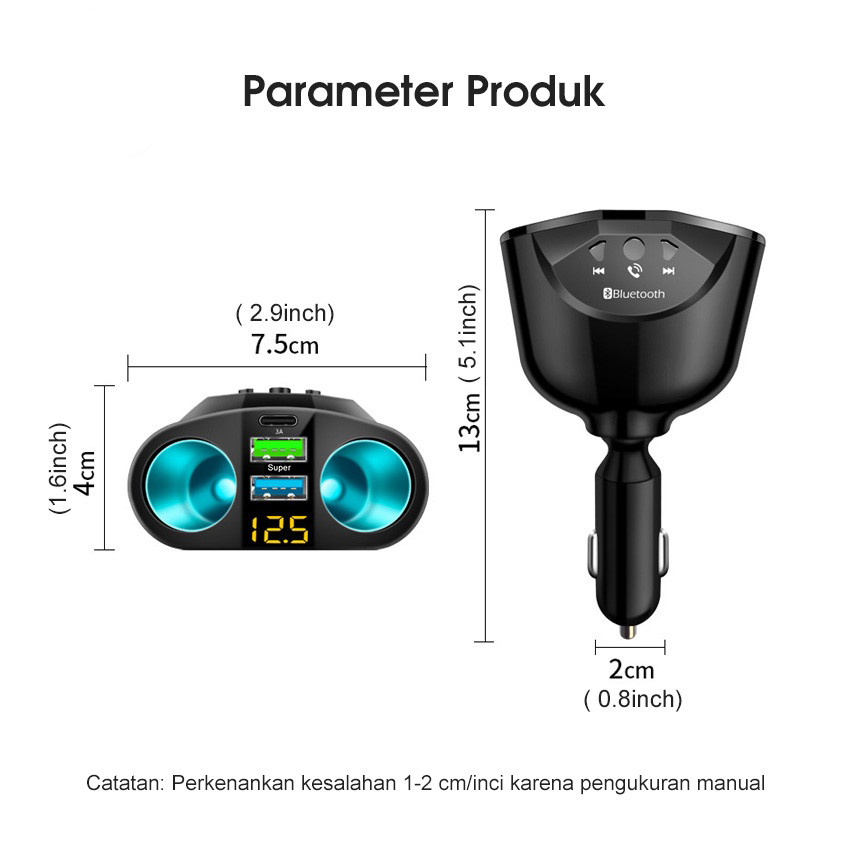 QC3.0 Pengisi Daya Mobil 90W, Pengisian Daya Cepat Dua USB Tipe C 12V 24V Bluetooth 5.0 FM Pemancar Pemutar Musik Adaptor Satu Seret Tiga Ringan dengan Dua Colokan Konversi