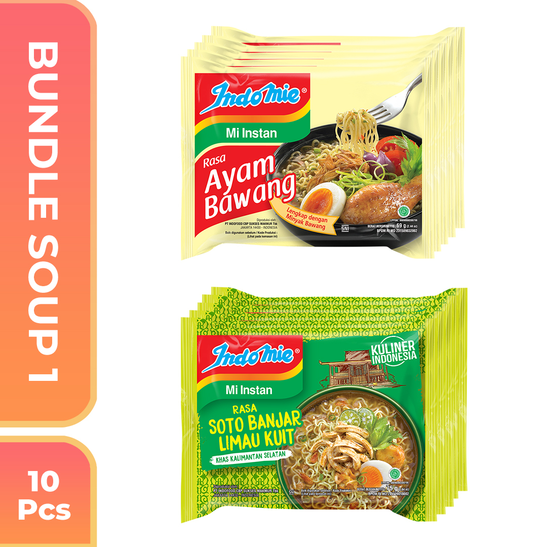 

10 Pcs Indomie Bundle Soup - Ayam Bawang 69 Gr & Soto Banjar Limau Kuit 75 Gr