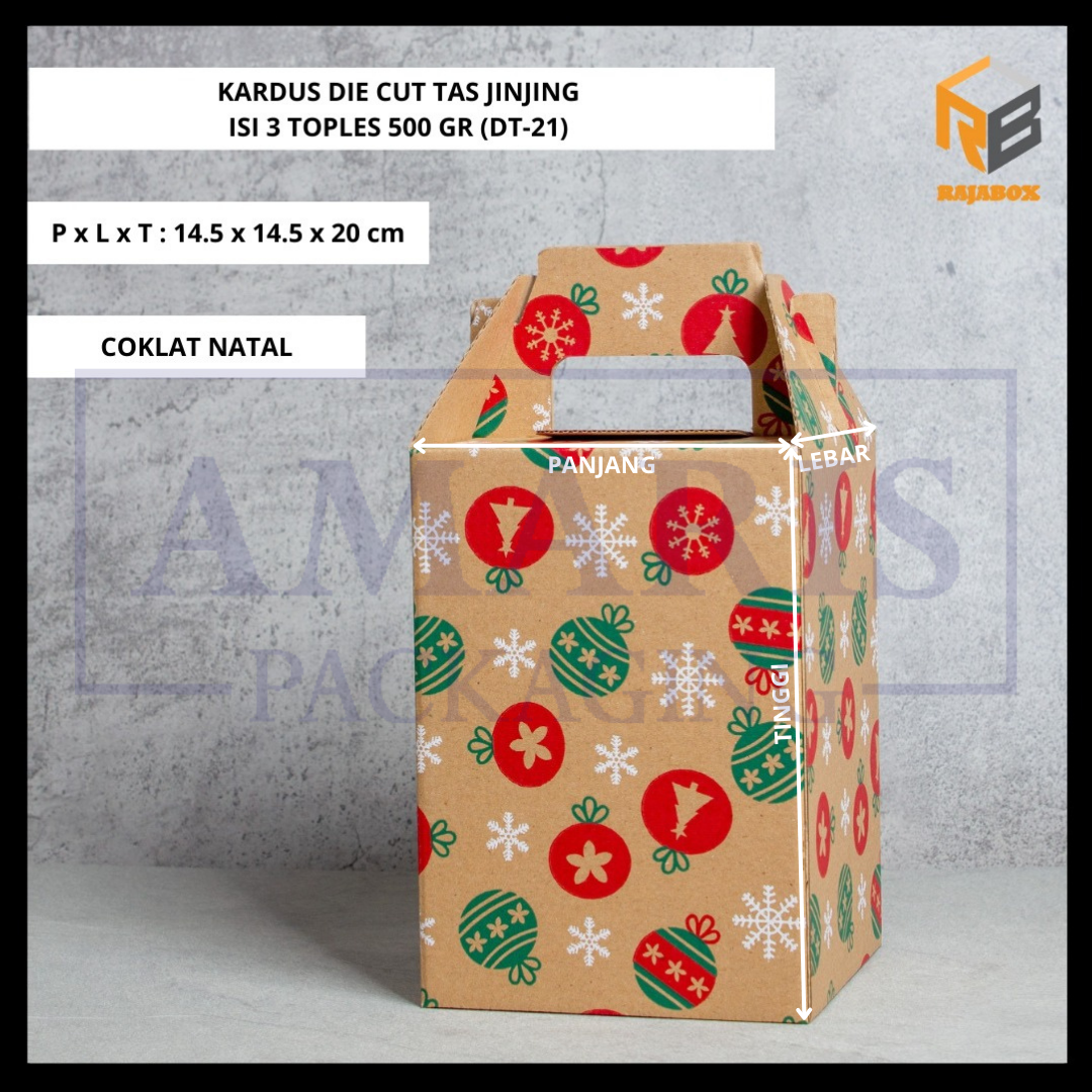 

DT-21 Kardus Die Cut Tas Jinjing Isi 3 Toples 500 Gr Isi 10 Pcs Rajabox Packaging