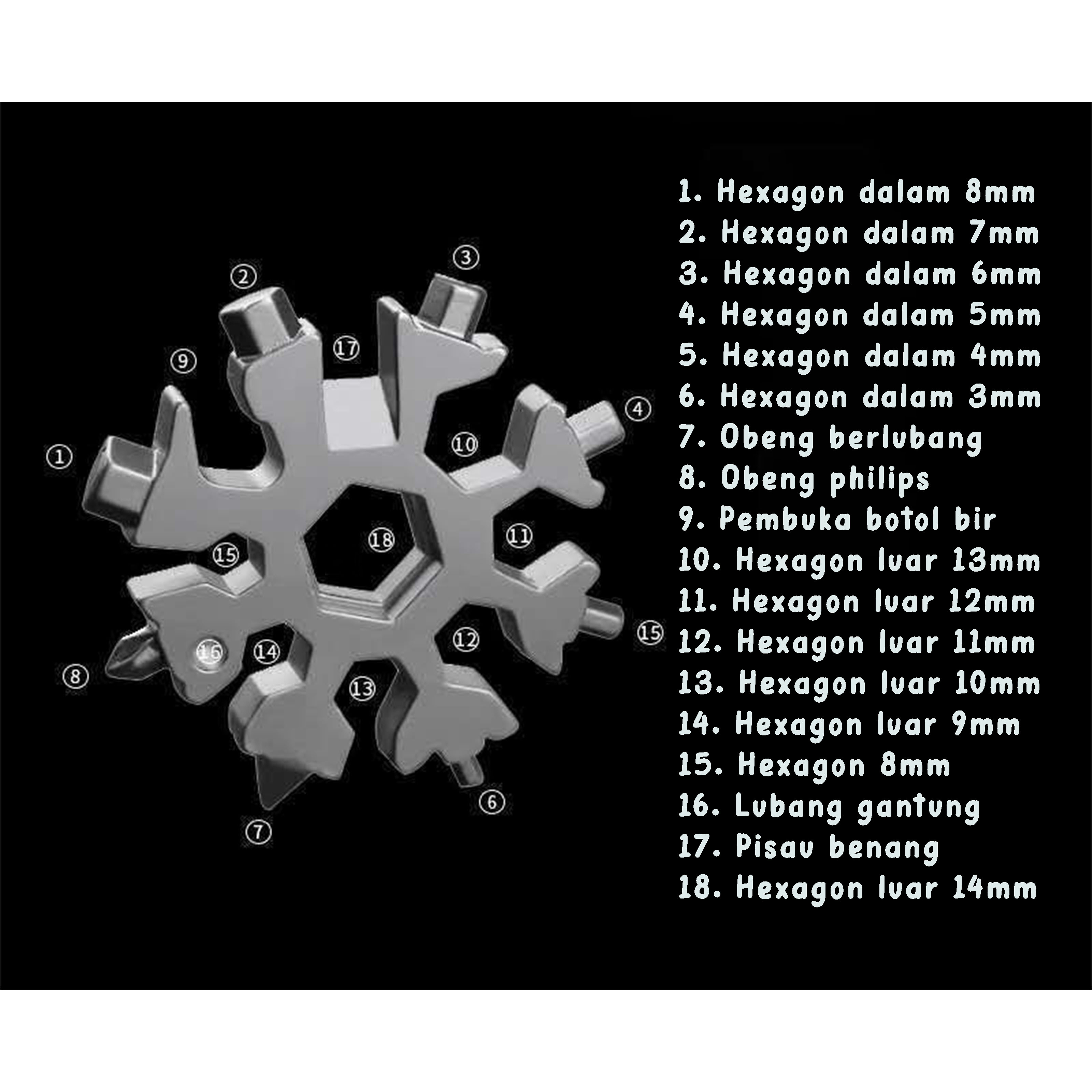 Snowflakes Multi Tool Obeng Serbaguna Kunci Pas Salju 18 in 1 Hexagonal Plum Stainless Steel Universal Portable