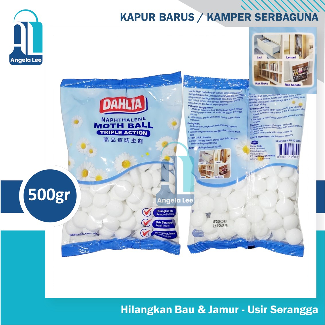 Kapur Barus Kamper Dahlia Naphthalene Moth Ball Triple Action 500gram New