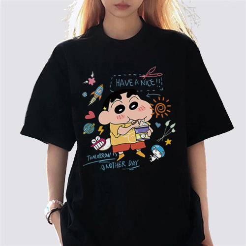 XiaoZhaiNv Kaos Atasan Wanita Putih Crayon Shinchan Pattern Lengan Pendek A0118