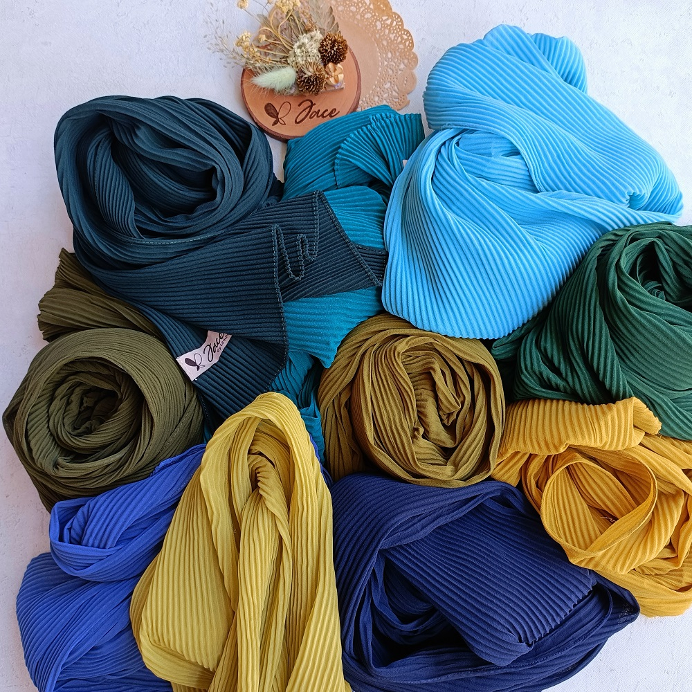 JACE Pashmina Full Plisket Tanpa Garis Tengah Ceruty Babydoll Pleated Shawl 175 x 75 Jahit Tepi