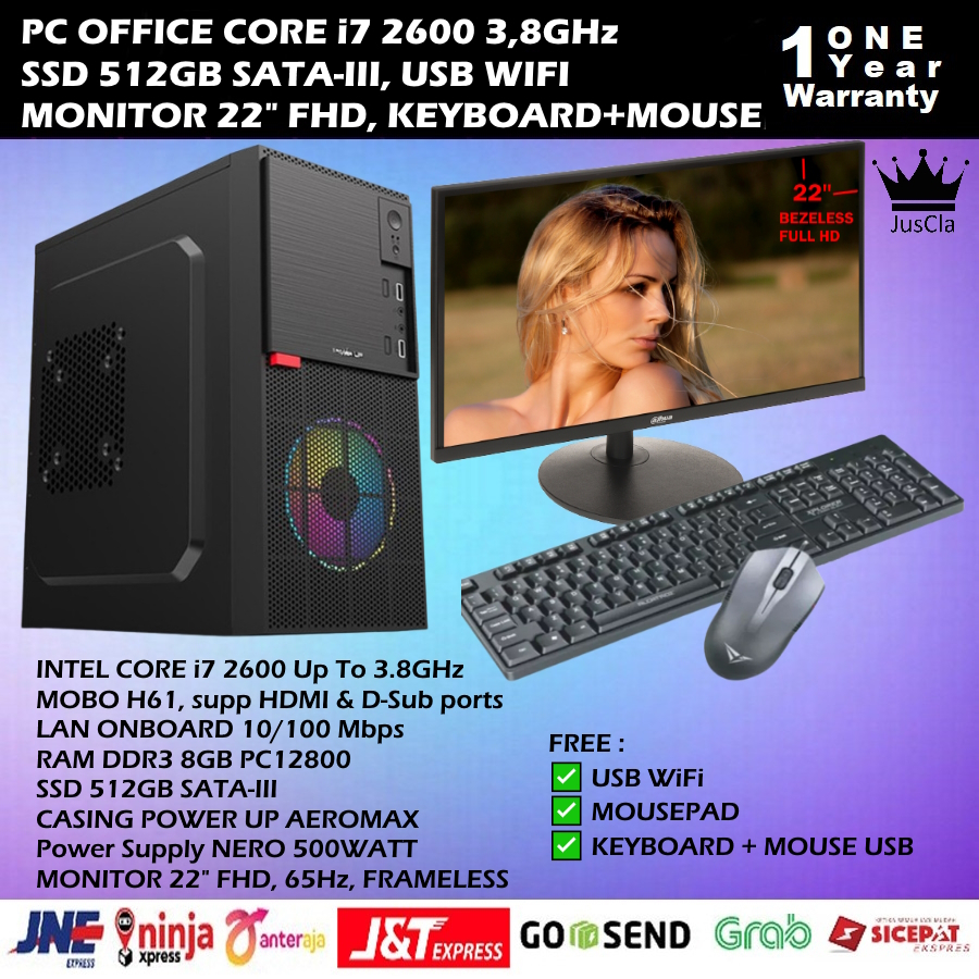 PC OFFICE INTEL CORE i7 2600 3,8GHz|DDR3 8GB|SSD 512GB SATA|KEY+MOUSE|USB WIFI