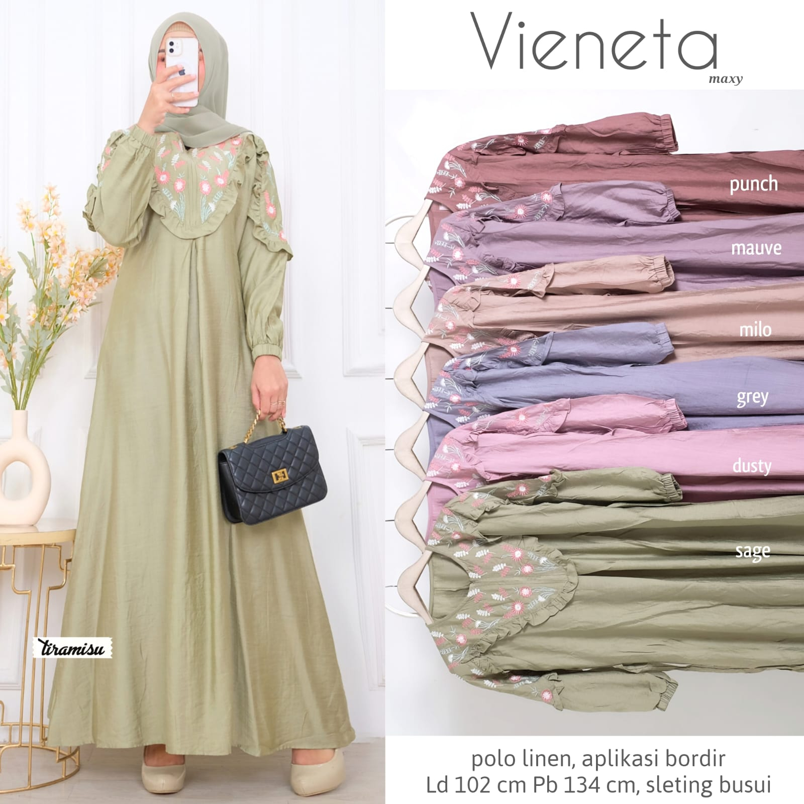 VIENETA DRESS / 15.7 / BAHAN POLO LINEN PREMIUM / LD 102 CM / PB 134 CM / ALLSIZE JUMBO / FIT TO XL / TIRAMISU