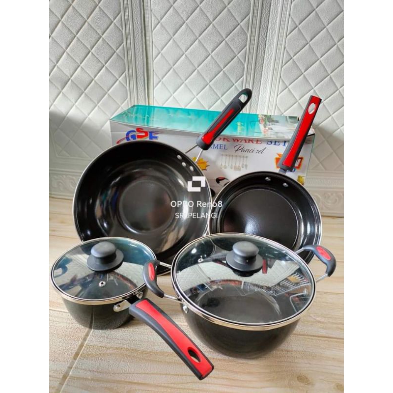 Panci Set Enamel GSF/Cookware set enamel gsf 6pcs/Panci set termurah/Panci set milenial/Panci set ba