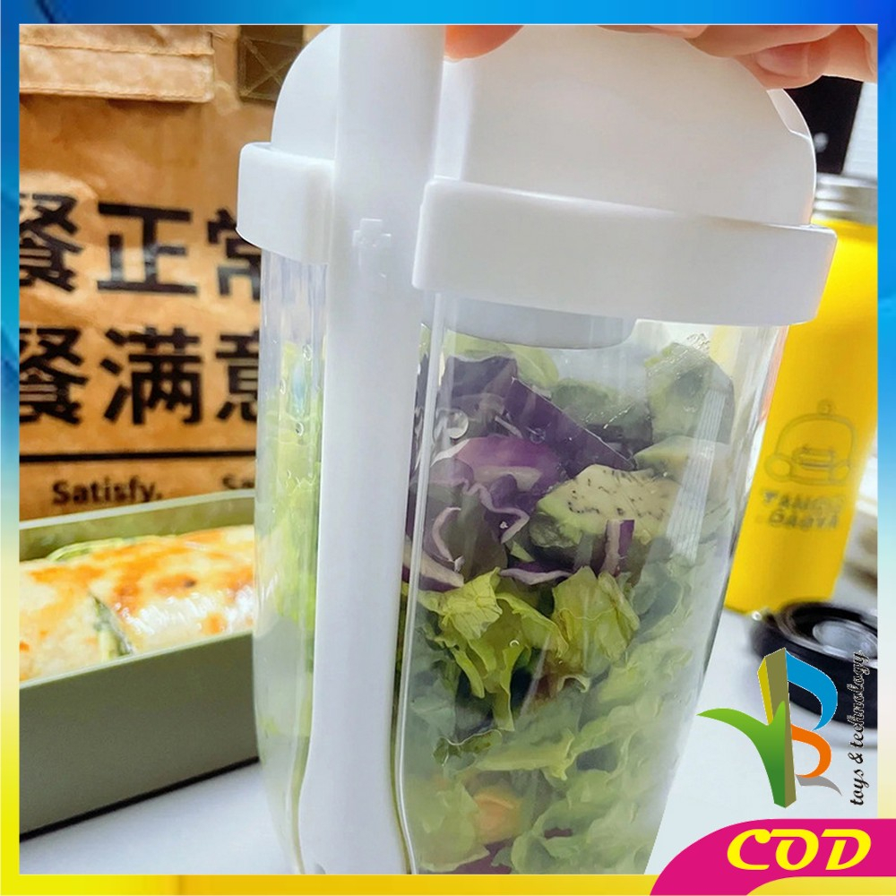 RB-C863 Botol Salad 1000ML dengan Sendok Garpu + Botol Saus Kecil Praktis Portable / Tempat Makan Buah Sayur Salad Transparan BPA FREE / Gelas Salad Plastik Import