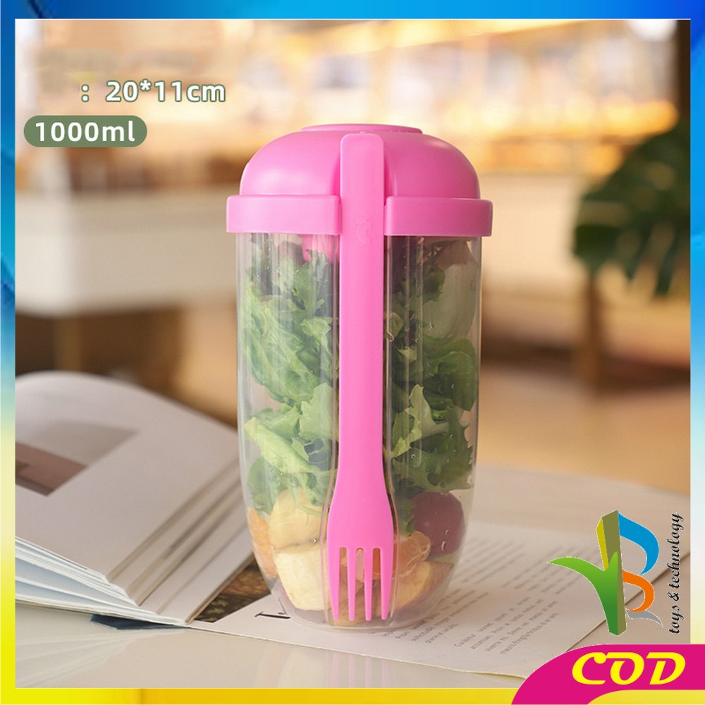 RB-C863 Botol Salad 1000ML dengan Sendok Garpu + Botol Saus Kecil Praktis Portable / Tempat Makan Buah Sayur Salad Transparan BPA FREE / Gelas Salad Plastik Import