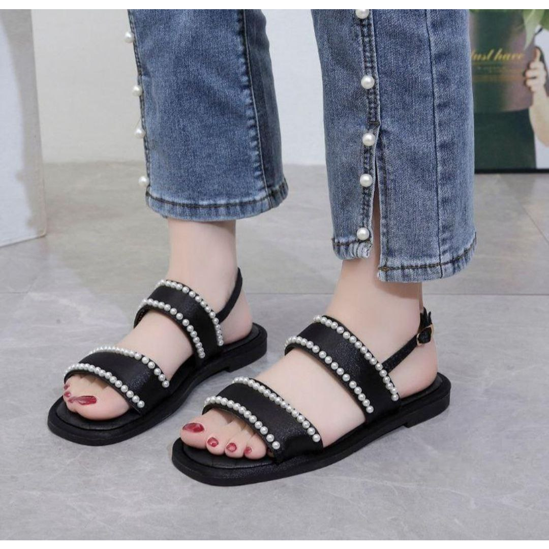 DDXX0166 Sandal Tali Wanita Fashion Import Sendal Flat Dengan Pearl Bisa COD (With Box)