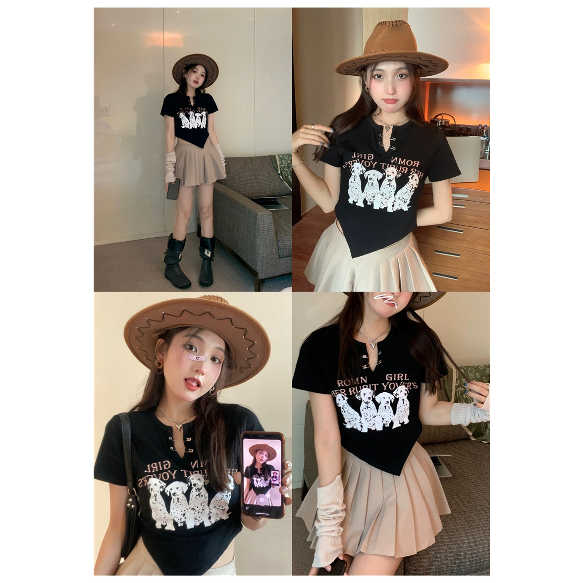 DF BJ391 Baju Kaos Crop Top Printed Mix Button Pin Atasan Wanita Lengan Pendek Korean Style