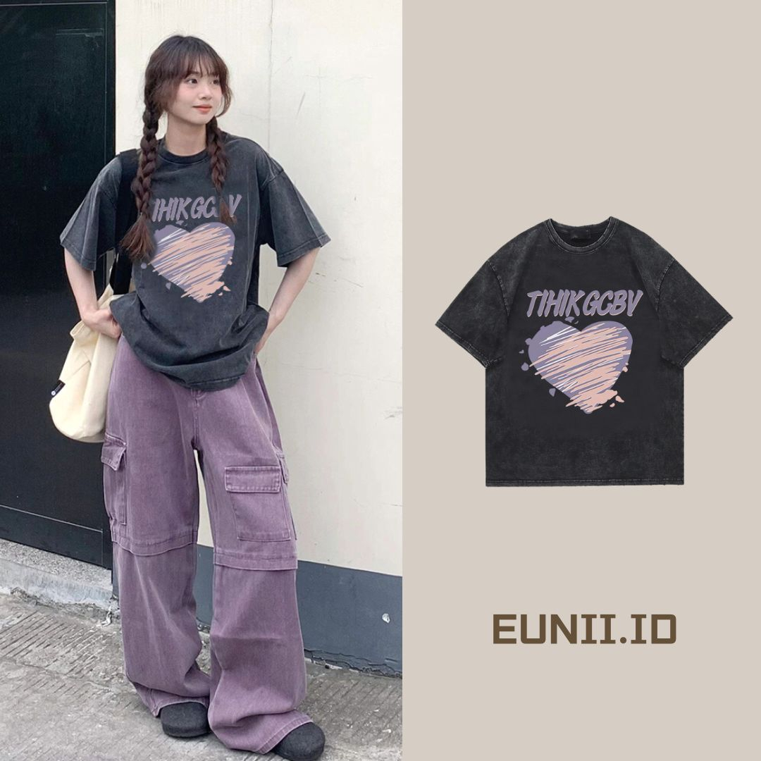 EUNII T-shirt Lengan Pendek Black Washed Cartoon Pink Purple Heart Printing Korean Style/Kaos Atasan Wanita/Baju Wanita/Kaos Wanita