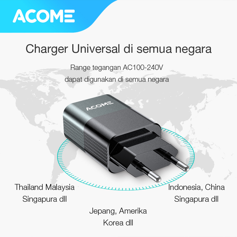 ACOME Charger Original 3A QC3.0 Fast Charging Micro USB Type-C OPPO iPhone Garansi Resmi 1 Thn AC01