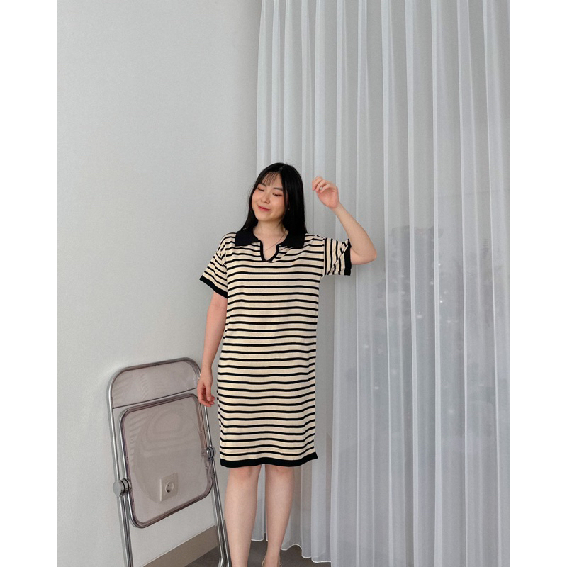 KANON - Uta Knit Dress - Dress basic rajut midi motif strip musim panas