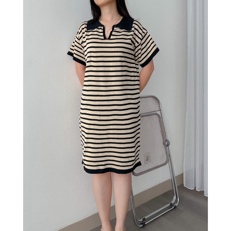 KANON - Uta Knit Dress - Dress basic rajut midi motif strip musim panas