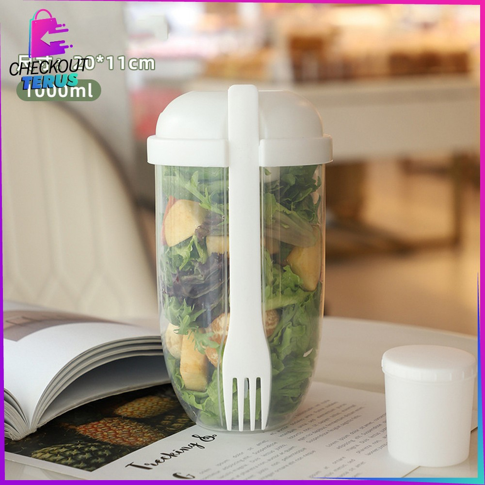 CT C863 Botol Salad 1000ML Transparan BPA FREE dengan Sendok Garpu + Botol Saus Kecil Portable Gelas Salad Plastik Tempat Makan Buah Sayur Salad