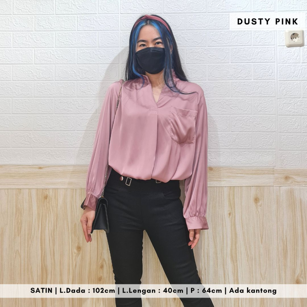 4827 sielka pocket satin shirt kemeja blouse wanita