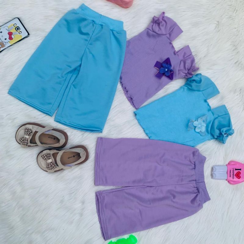 Baju Setelan Anak Cewe Blouse Crop Pita Lucu Ruffle Knit | One set anak Perempuan Bahan Rib knit Dan Celana Baby Terry Import