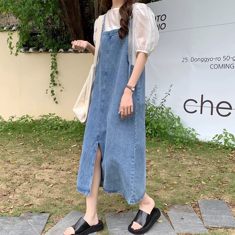 Overall dress jeans wanita overall rok jeans panjang wanita rok korean style jumpsuit rok suspender fashion jumbo kekinian 2023