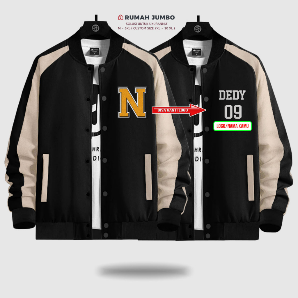 Jaket Bomber Varsity Oversize (M - 6XL) Baseball Custom N BLACK CREAM